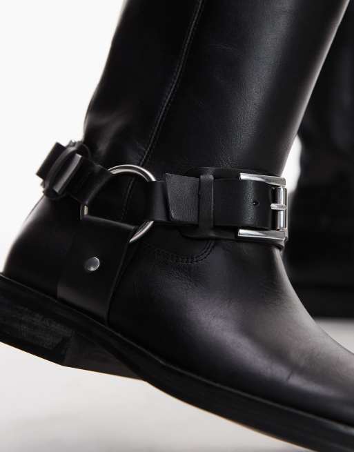 Topshop Tee premium leather knee high biker boots in black