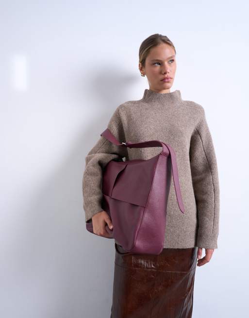 Topshop - Teegan - Borsa shopping oversize incrociata in vera pelle premium bordeaux