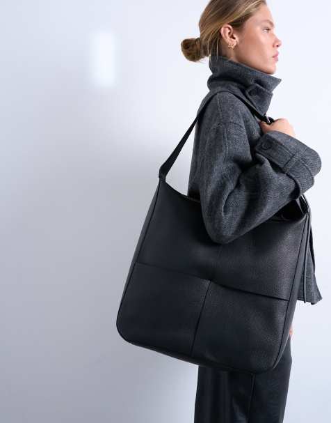 Topshop - Teegan - Borsa shopping oversize incrociata in vera pelle premium nera - view 1