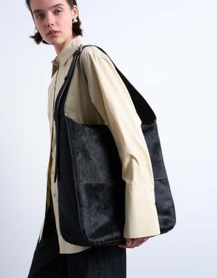 Topshop Topshop Teegan hair on real leather oversize weave tote in chocolate-Brown