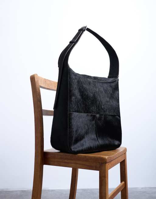 Shades Of Black Genuine Hair-On Leather Tote Bag - Upcycled Unique Designer Bag (Myra Bag Collection)