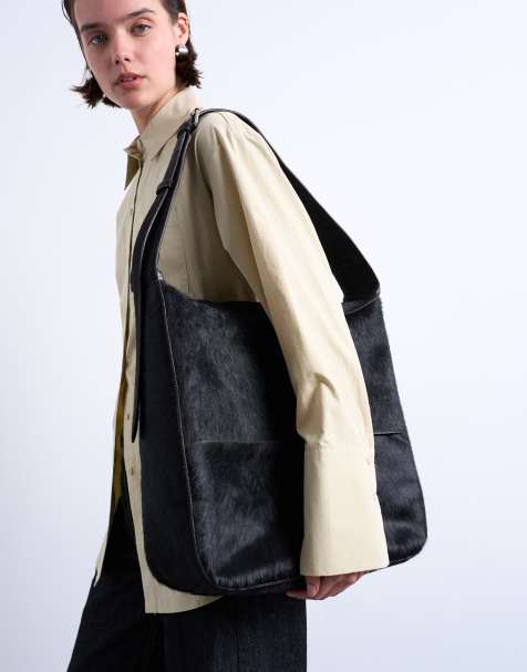 Topshop – Teegan – Oversize-Tragetasche aus echtem Ponyleder mit Webmuster in Schokobraun - view 1