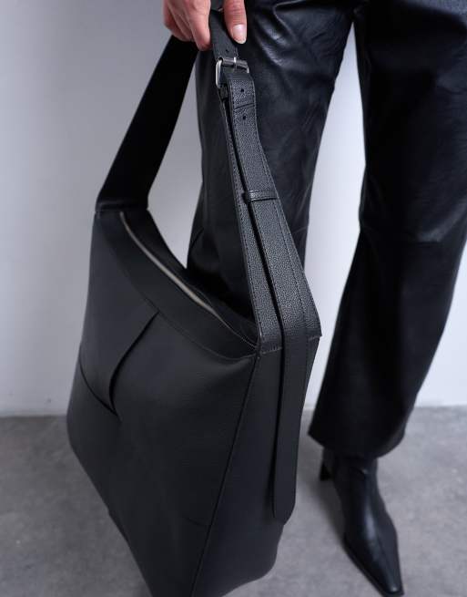 Topshop Teegan premium real leather oversized woven tote in black