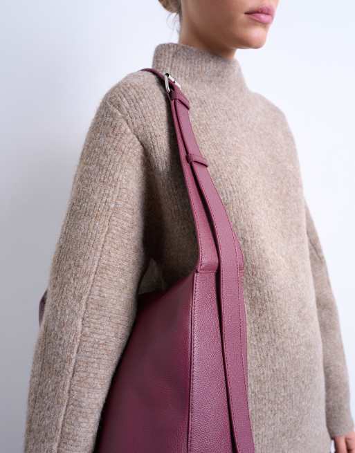 Topshop Teegan premium real leather oversized woven tote in burgundy