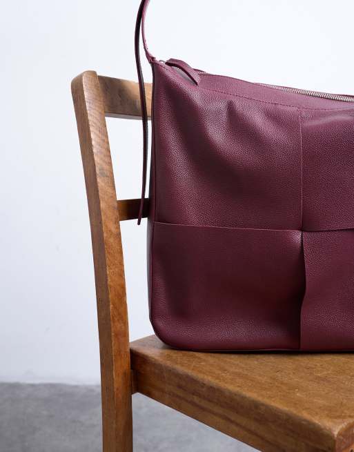 Topshop Teegan premium real leather oversized woven tote in burgundy
