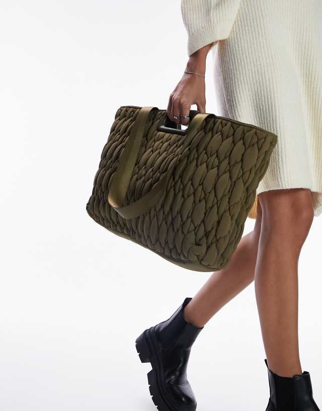 Topshop Tegan micro quilt nylon tote bag in khaki