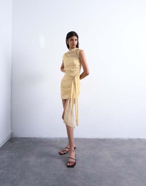 Topshop grown on shoulder chiffon mini dress with sash in textured buttermilk