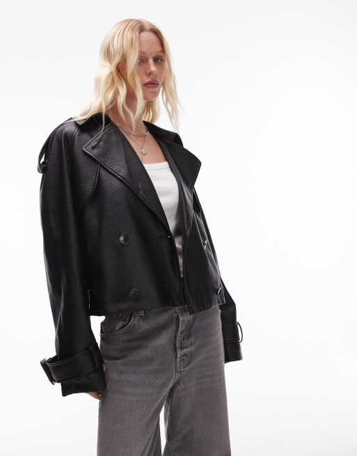 Topshop – Teksturowany czarny trencz o krótkim fasonie z imitacji skóry