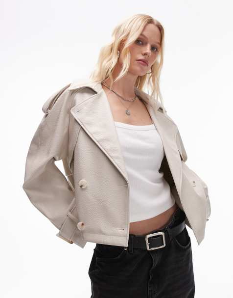 Topshop – Teksturowany kremowy trencz o krótkim fasonie z imitacji skóry - view 1