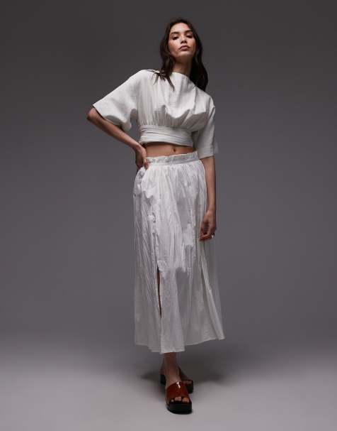 Topshop – Tellerrock aus gewaschener Baumwolle in Elfenbein mit Knitterstruktur - view 1