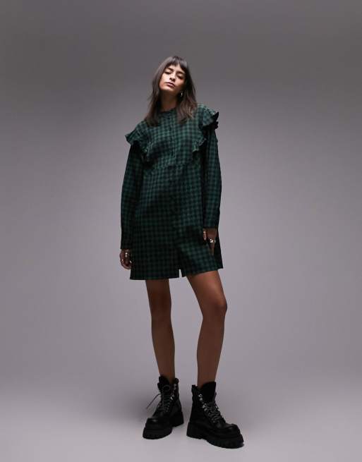 Topshop - Ternet mini-skjortekjole med knapper i grøn og sort