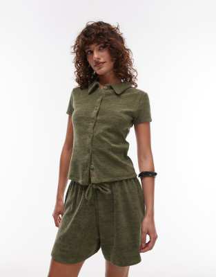 Topshop Terrycloth Button Up Shirt In Green