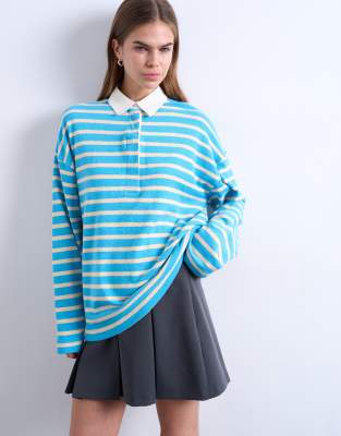 Topshop Terrycloth Stripe Long Sleeve Polo In Blue