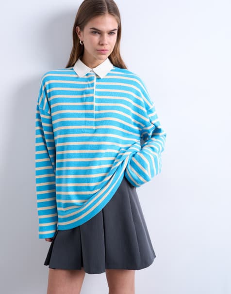 Topshop terrycloth stripe long sleeve polo in blue - view 1