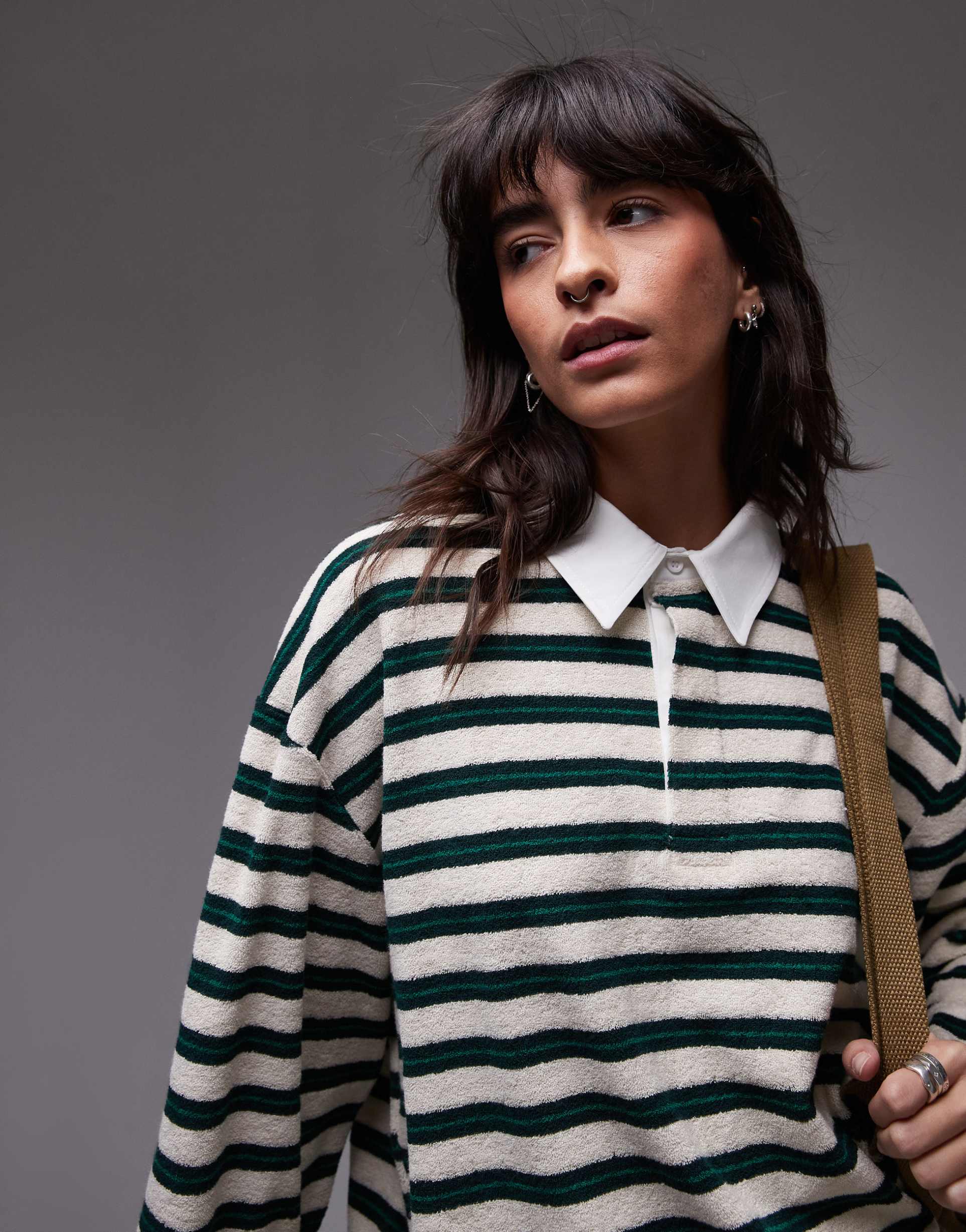 topshop terrycloth stripe long sleeve polo shirt in ecru and green