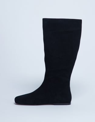 Topshop - Tess - Flache, kniehohe Stiefel aus echtem Wildleder in Schwarz