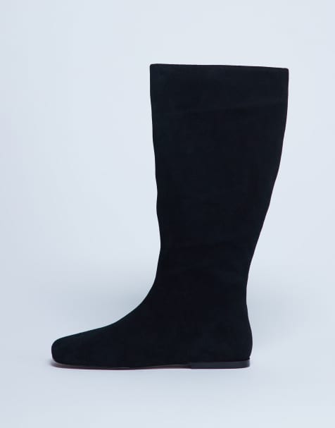 Topshop Tess real suede knee high flat boot in black - view 1