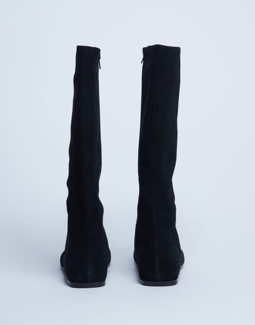 Topshop Tess real suede knee high flat boots in black, 4 of 4