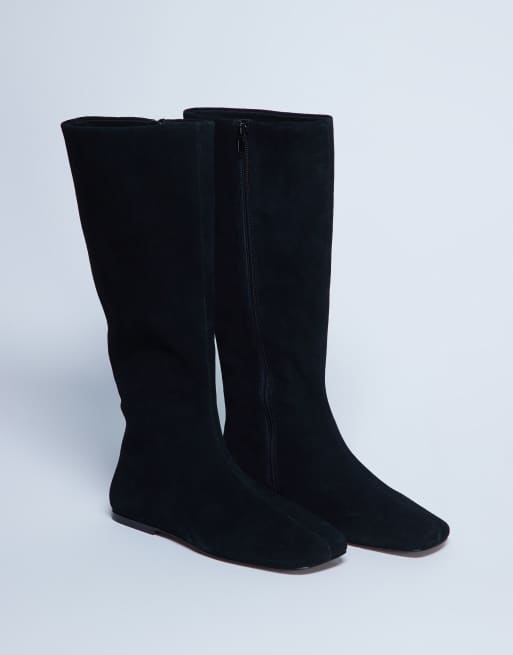 Topshop - Tess - Sorte flade knæstøvler i ægte ruskind, 2 af 4