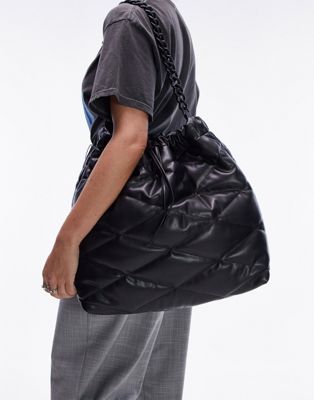 Topshop Tessa quilted matter chain tote bag in black