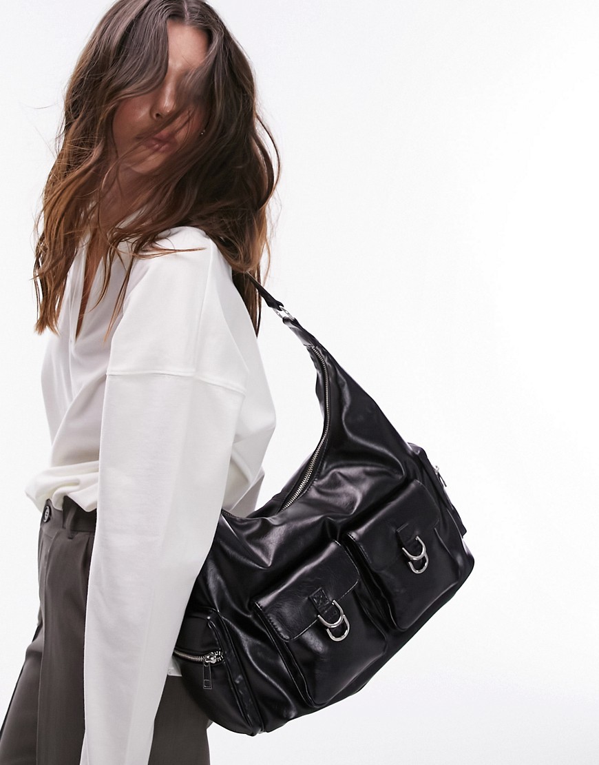 Topshop Serena Multi Pocket Shoulder Bag In Black
