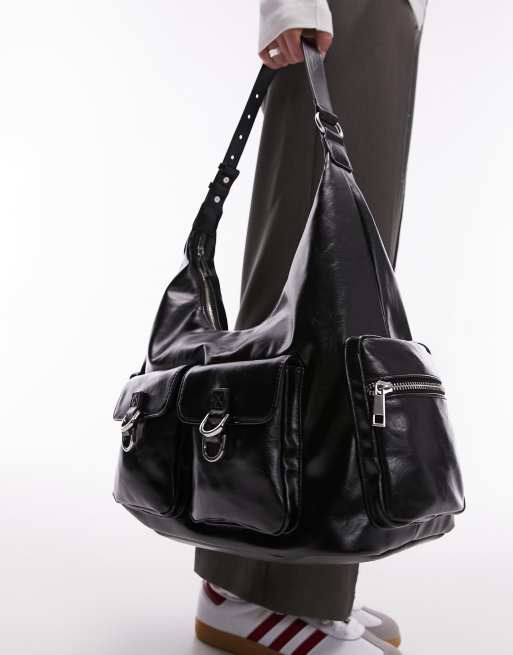 Topshop Tessie slouchy multi pocket tote bag in black, 2 of 4