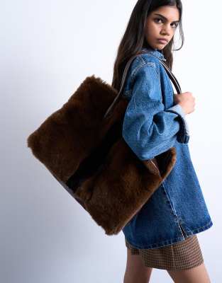 Topshop Women's Brown Teven Faux Fur Tote Bag In