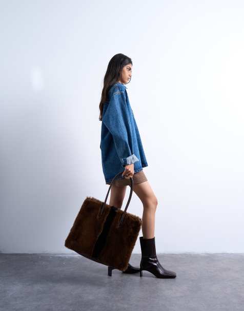 Topshop Teven faux fur tote bag in brown - view 1