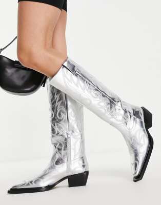 Topshop Texas premium leather knee high western boot in silver