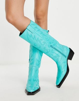 Topshop Texas premium leather knee high western boot in turquoise - ASOS Price Checker