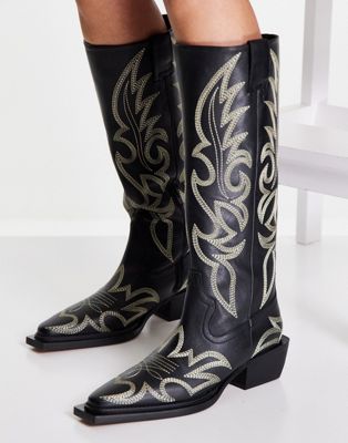 Topshop Texas premium leather stitched knee high western boot in black