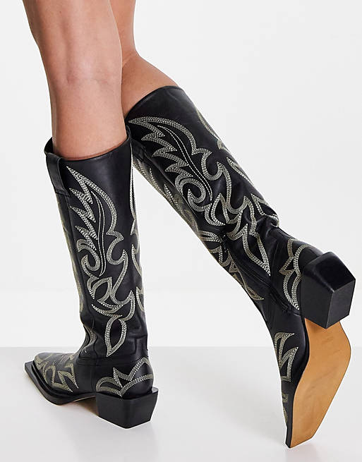  Boots/Topshop Texas premium leather stitched knee high western boot in black 