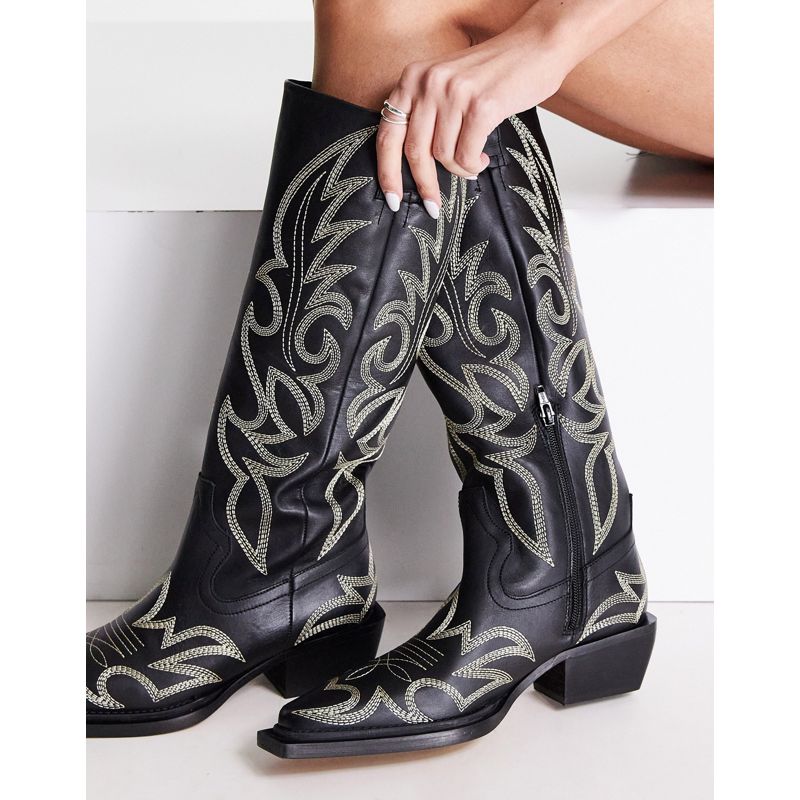Scarpe Stivali Topshop - Texas - Stivali stile western al ginocchio neri in pelle premium con cuciture a contrasto