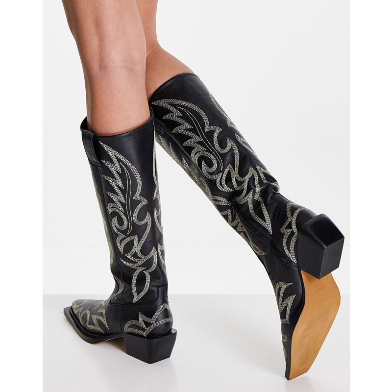 Scarpe Stivali Topshop - Texas - Stivali stile western al ginocchio neri in pelle premium con cuciture a contrasto