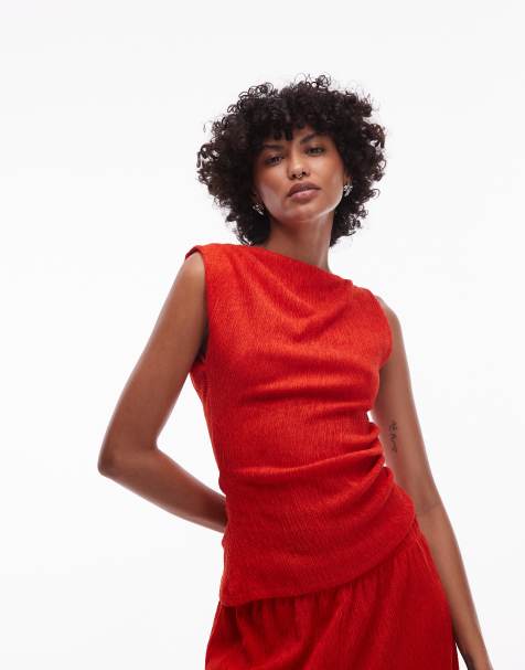 Topshop textured asymmetric ruched tank in red (part of a set) - view 1