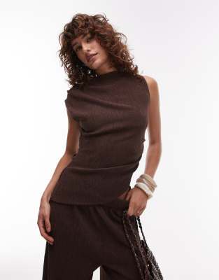 Topshop Textured Asymmetric Ruched Tank Top In Brown