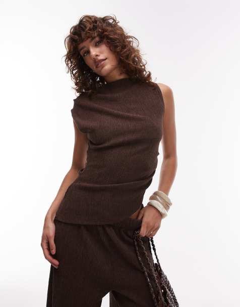 Topshop textured asymmetric ruched tank top in chocolate brown - part of a set - view 1