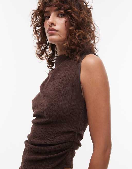 Topshop textured asymmetric ruched tank top in chocolate brown - part of a set