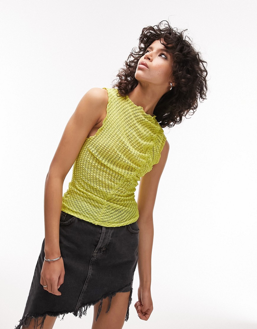 Topshop textured asymmetric ruched vest top in lime-Green