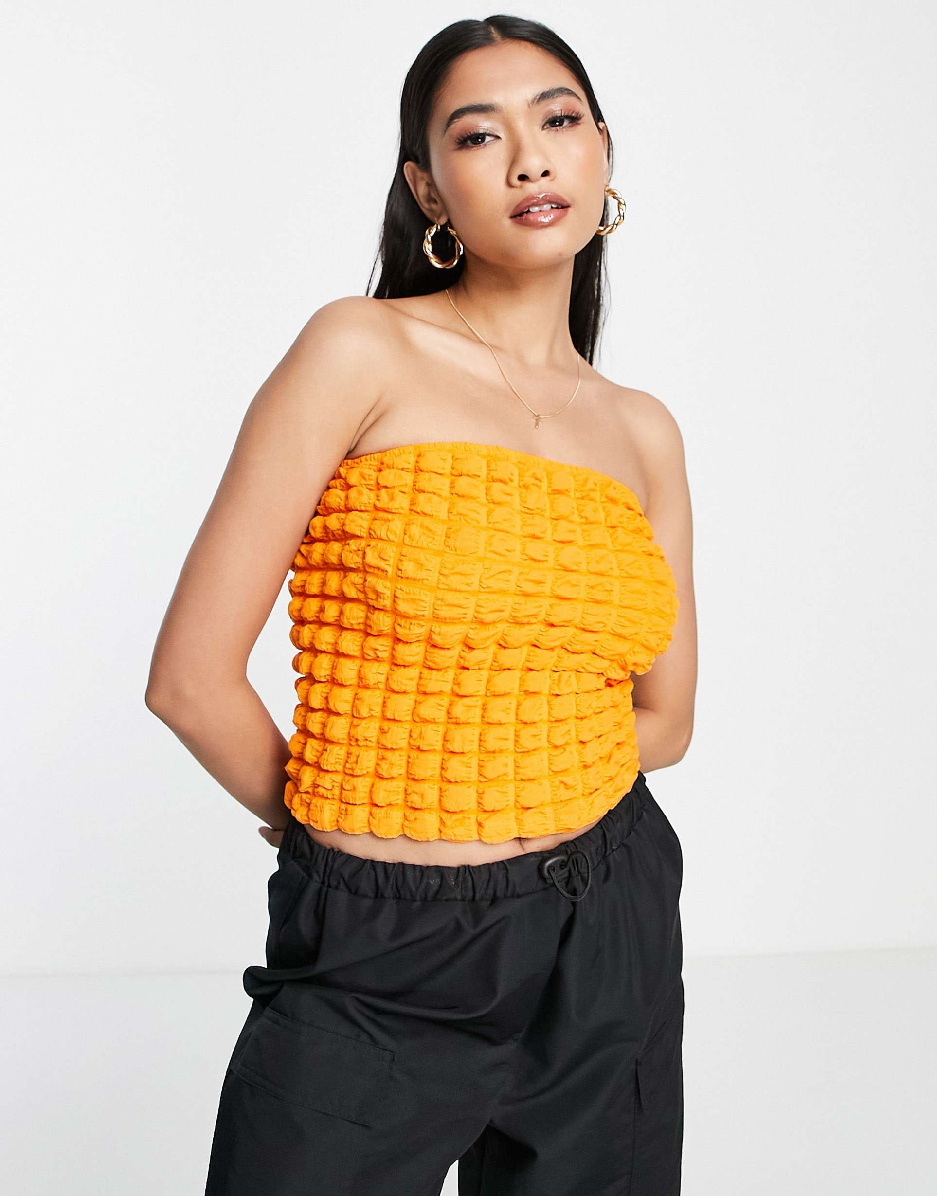 topshop textured bandeau top in orange