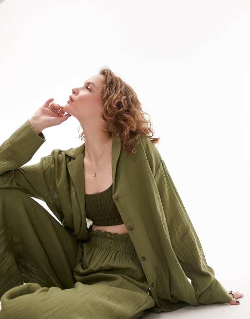 Topshop textured beach shirt in olive (part of a set)