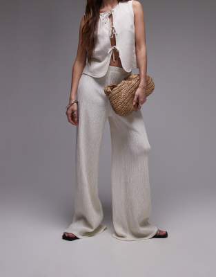 Topshop Textured Beachy Wide Leg Pants In Cream-white