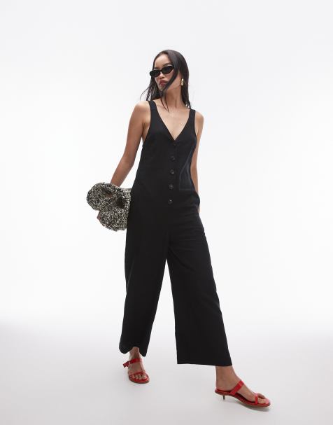 Topshop textured button down jumpsuit in black linen - view 1
