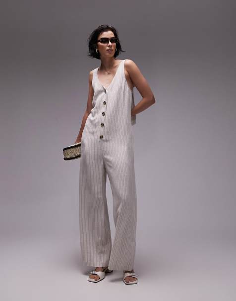 Multi Striped Button-Front Linen Cotton Jumpsuit