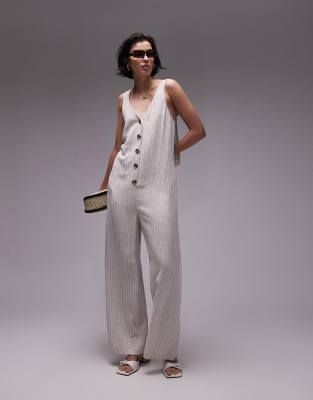 Topshop Textured Button Down Jumpsuit In Linen Stripe-Multi