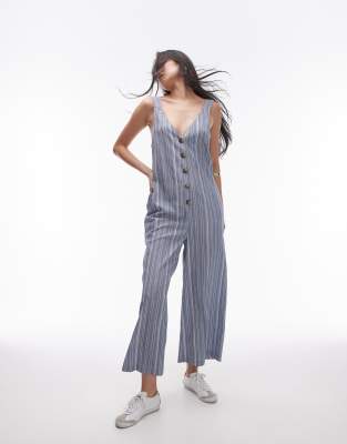 Topshop textured button down jumpsuit in stripe Sale