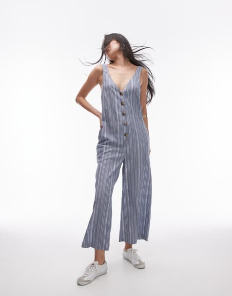 Topshop textured button down jumpsuit in stripe - view 1