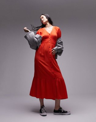 Topshop textured channel midi dress in red - ASOS Price Checker