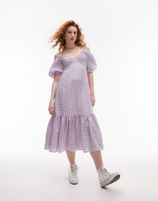 Topshop Textured Check Bust Cup Midi Dress In Lilac-purple