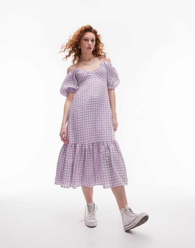 Topshop textured check bust cup midi dress in lilac